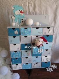 Adventní kalendář pro děti v tyrkysovo-šedé se sněhulákem