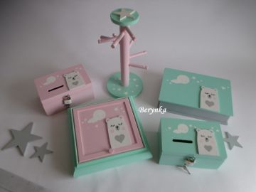 Dřevěné dekorace - mátovo-růžové s medvídkem