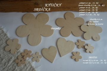 Dřevěné výřezy - srdíčka a kytičky