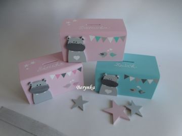 Dřevěná pokladnička v nordic stylu - s hrochem