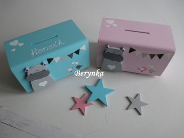 Dřevěná pokladnička v nordic stylu - s hrochem