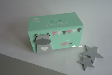 Dřevěná pokladnička v nordic stylu - s hrochem